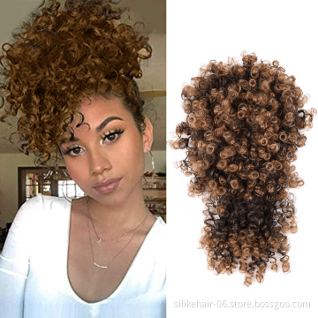 High Puff Hair Pieces Short Brown Pony Tail Warp Bun Afro Kinky Curly Wig Ponytail Chignon With Bang Synthetic Hair Extensions